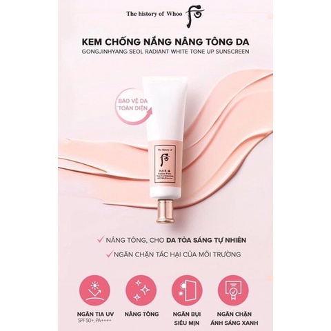 Set Kem Chống Nắng Dưỡng Trắng Whoo Gongjinhyang Seol Radiant White Tone Up Sunscreen SPF50+/PA++++