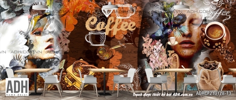 Tranh dán tường Cafe hiện đại Cô gái và ly cafe, Quán Cafe, quán Cà Phê, Coffee