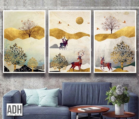 Bộ 3 tranh canvas hình hươu, trừu tượng ADH00487