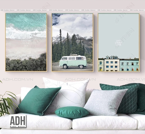 Bộ 3 tranh canvas phong cảnh, tranh chủ đề du lịch, mà xanh xám nhạt ADH00726