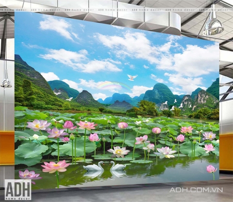 Tranh dán tường phong cảnh sông nước, hoa sen ADHW11112