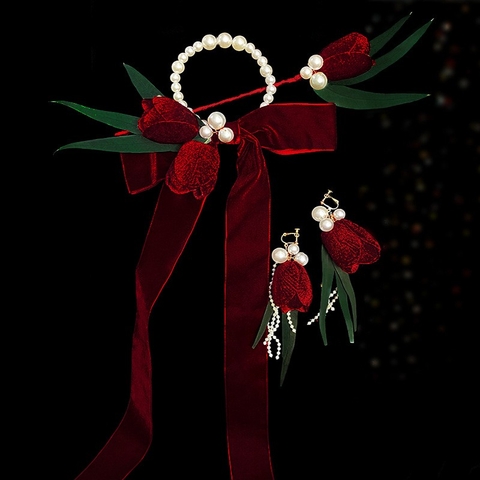 bộ trâm cài tóc cô dâu hoa lyly nhung đỏ  - cd59