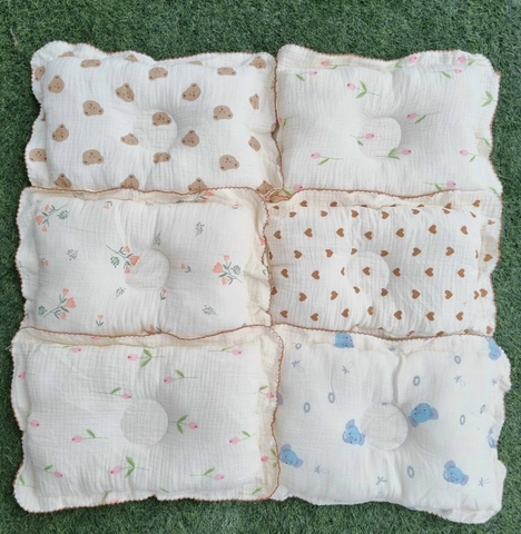 Gối xô bông Organic Muslin có lõm định hình chống méo đầu 0-1 tuổi