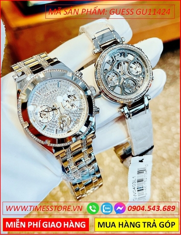 Đồng Hồ Cặp Đôi Guess Đính Đá Swarovski Lộ Cơ Dây Kim Loại