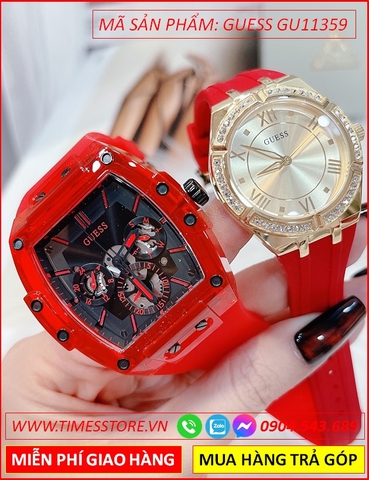 Đồng Hồ Cặp Đôi Guess Gents Phoenix Đính Đá Dây Silicone Đỏ