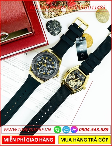 Đồng Hồ Cặp Đôi Guess Chronograph Vàng Gold Dây Silicone Đen