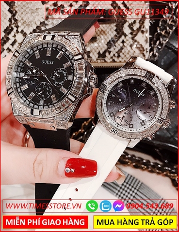 Đồng Hồ Cặp Đôi Guess Mặt Tròn Đính Đá Swarovski Dây Silicone