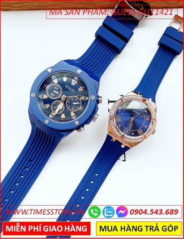 Đồng Hồ Cặp Đôi Guess Mặt Tròn Xanh Dây Cao Su Xanh Thời Trang