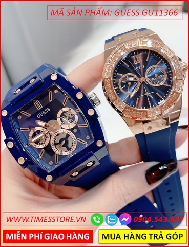 Đồng Hồ Cặp Đôi Guess Mặt Xanh Vàng Gold Dây Silicone Xanh