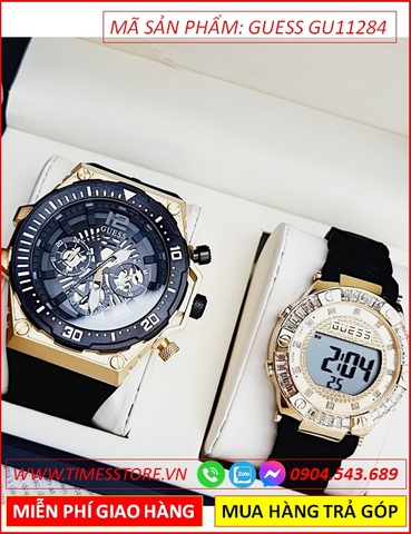Đồng hồ Cặp Đôi Guess Mặt Vàng Gold Luxury Dây Silicone Đen