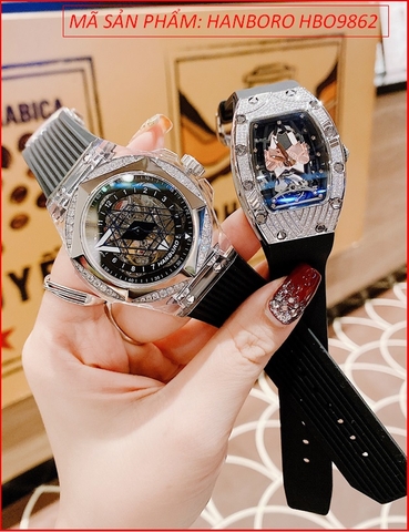 Đồng Hồ Cặp Đôi Hanboro Automatic Đính Đá Dây Silicone