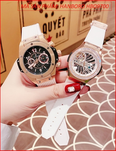 Đồng Hồ Cặp Đôi Hanboro By Huboler Rose Gold Dây Silicone Trắng (36mm-42mm)