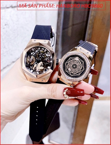 Đồng Hồ Cặp Đôi Hanboro Mặt Tròn Rose Gold Dây Silicone (36mm-44mm)