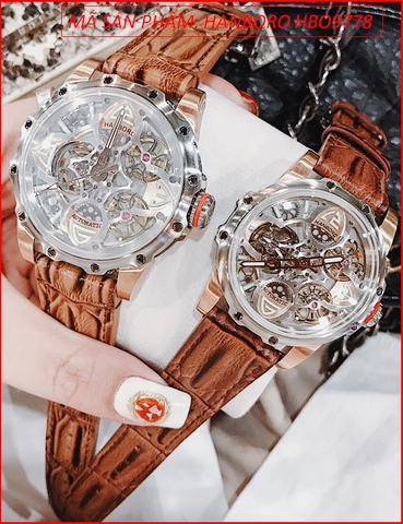 Đồng Hồ Cặp Đôi Hanboro Tourbillon Automatic Dây Da Nâu