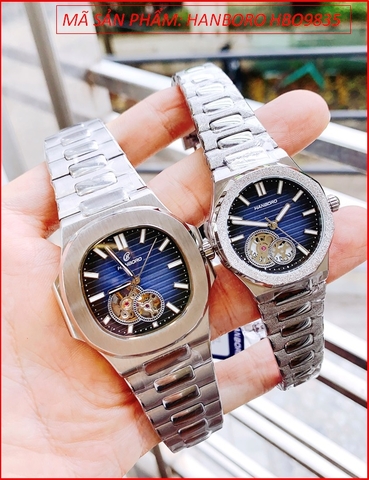 Đồng Hồ Cặp Đôi Hanboro Tựa Patek Philippe Mặt Xanh Dây Kim Loại