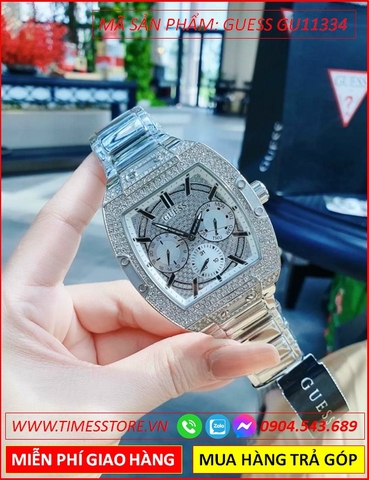 Đồng Hồ Nam Guess Mặt Chữ Nhật Đính Full Đá Dây Kim Loại Silver
