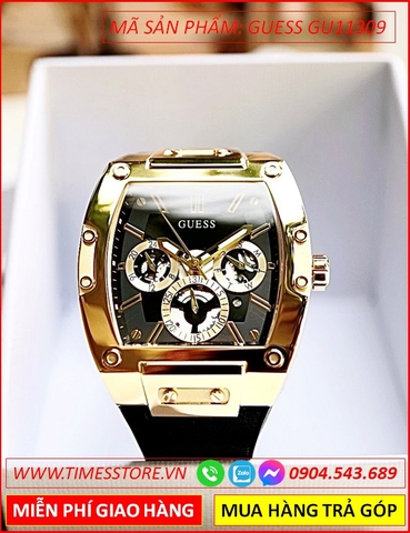 Đồng hồ Nam Guess Mặt Chữ Nhật Vàng Gold Dây Silicone Đen