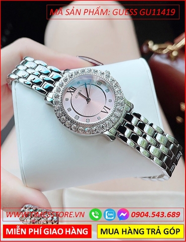 Đồng Hồ Nữ Guess Mặt Tròn Đính Đá Swarovski Dây Kim Loại