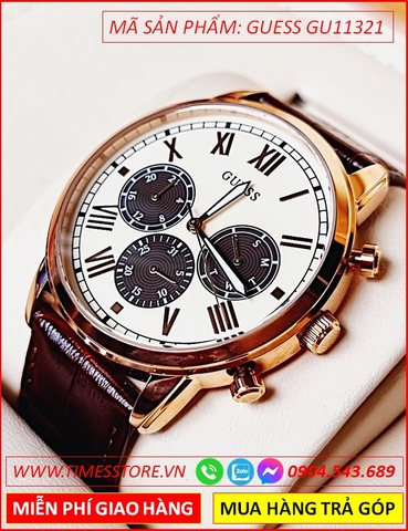 Đồng Hồ Nam Guess Mặt Tròn 6 Kim Rose Gold Dây Da Nâu