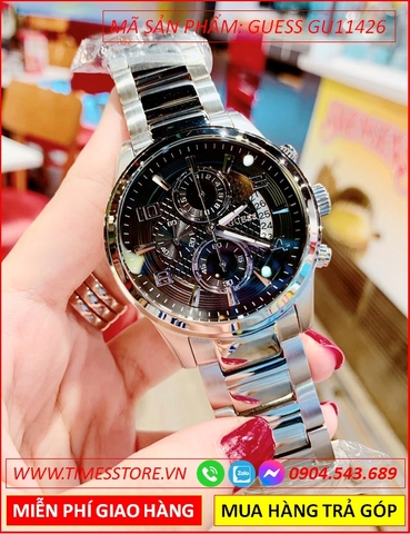 Đồng Hồ Nam Guess Mặt Tròn Đen 6 Kim Dây Kim Loại