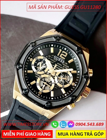 Đồng hồ Nam Guess Mặt Vàng Gold Luxury Dây Silicone Đen