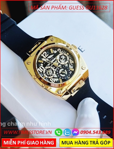 Đồng Hồ Nam Guess Mặt Tròn Vàng Gold Lộ Cơ Dây Silicone Đen