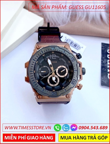 Đồng Hồ Nam Guess Venture Mặt Tròn Đen Dây Da Nâu