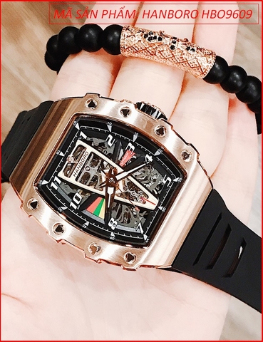 Đồng Hồ Nam Hanboro Automatic Rose Gold Lộ Máy Cơ Dây Silicone (40x50mm)