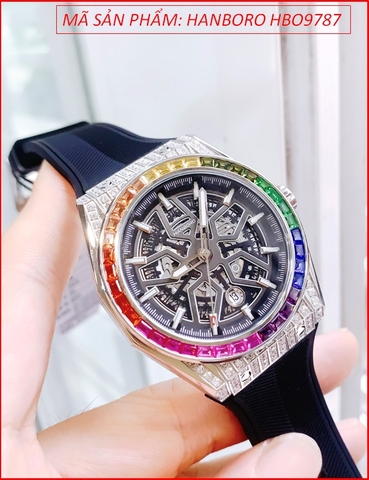 Đồng Hồ Nam Hanboro Rainbow Automatic Mặt Tròn Đính Đá Nhiều Màu (42mm)