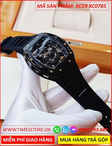 Đồng Hồ Nam Xcer Automatic Mặt Đầu Lâu Full Đen Dây Silicone