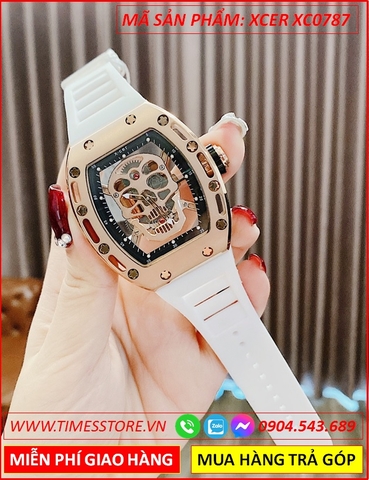 Đồng Hồ Nam Xcer Automatic Mặt Oval Đầu Lâu Dây Silicone Trắng