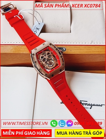 Đồng Hồ Nam Xcer Automatic Mặt Oval Đầu Lâu Dây Silicone Đỏ