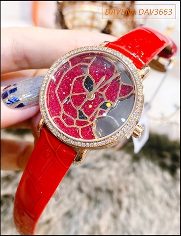 Đồng hồ Nữ Davena Mặt Báo Dây Da Đỏ đính đá Swarovski Rose Gold (36mm)