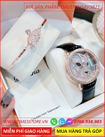 Set Đồng hồ Nữ Davena Mặt Báo Dây Da Đen +Lắc Tay Swarovski (36mm)