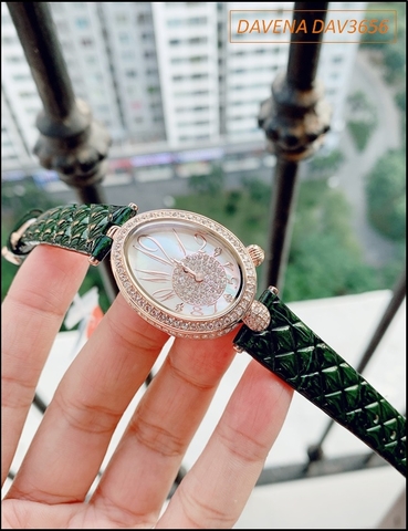 Đồng hồ Nữ Davena Mặt Oval Dây da Xanh lá Full Swarovski (30mm)