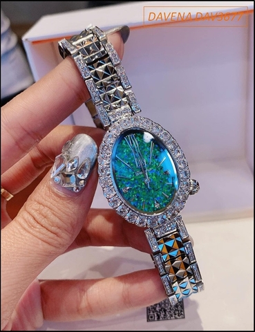 Đồng hồ Nữ Davena Mặt Elip Full đính đá Swarovski Xanh Crystal (36mm)