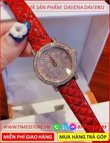 Đồng hồ Nữ Davena Dây Da Đỏ Size Nhỏ Swarovski Rose Gold (30mm)