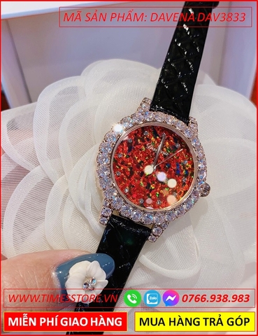 Đồng hồ Nữ Davena Dây Da Đen Mặt Đỏ Đá Swarovski Rose Gold (32mm)