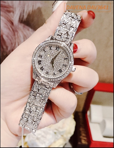 Đồng hồ Nữ Davena Mặt Tròn Đính Full Hạt Đá Swarovski Silver (34mm)