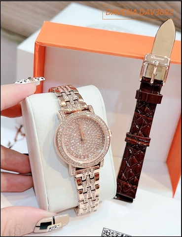 Đồng hồ Nữ Davena mặt số La Mã Full Swarovski Rose Gold (30mm)