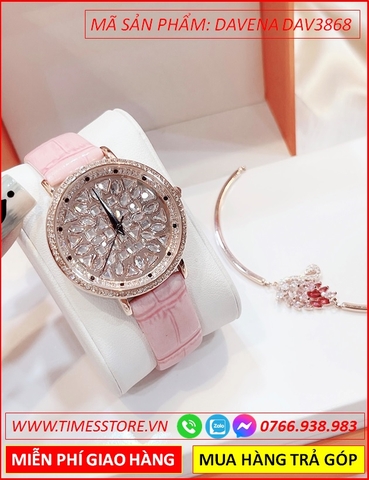 Set Đồng hồ Nữ Davena Dây Da Hồng + Lắc Tay Thiên Nga Swarovski (38mm)