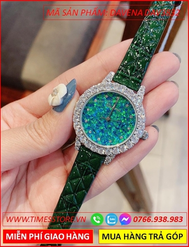 Đồng hồ Nữ Davena Dây Da Mặt Xanh Lá Đính Full Đá Swarovski (32mm)