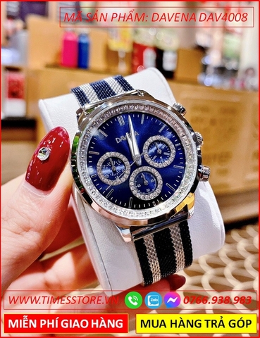 Đồng hồ Nữ Davena Mặt Tròn Xanh Dây Mesh Lưới Sọc Xanh