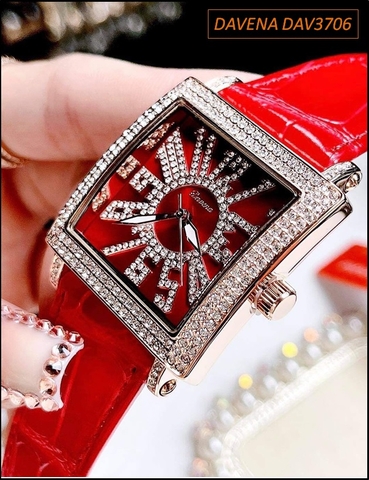 Đồng hồ Nữ Davena Mặt Vuông Dây Da Đỏ Full Đá Swarovski (36mm)