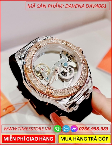 Đồng Hồ Nữ Davena Automatic Unisex Lộ Cơ Dây Silicone Đen