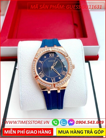 Đồng Hồ Nữ Guess Analog Mặt Tròn Rose Gold Dây Silicone Xanh Dương