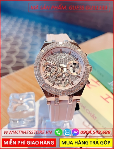 Đồng Hồ Nữ Guess Mặt Tròn Full Đá Rose Gold Dây Silicone Hồng