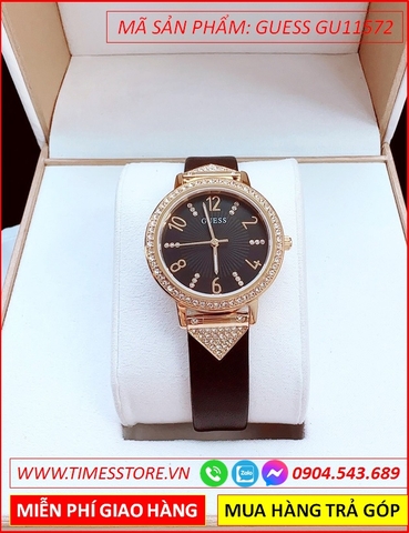 Đồng Hồ Nữ Guess Mặt Tròn Đính Đá Hai Đầu Kiềng Dây Da