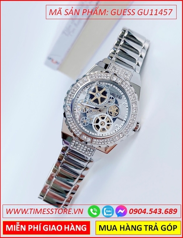 Đồng Hồ Nữ Guess Mặt Đính Đá Lộ Máy Dây Kim Loại