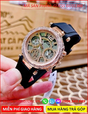 Đồng Hồ Nữ Guess Chronograph Rose Gold Lộ Cơ Dây Cao Su Đen